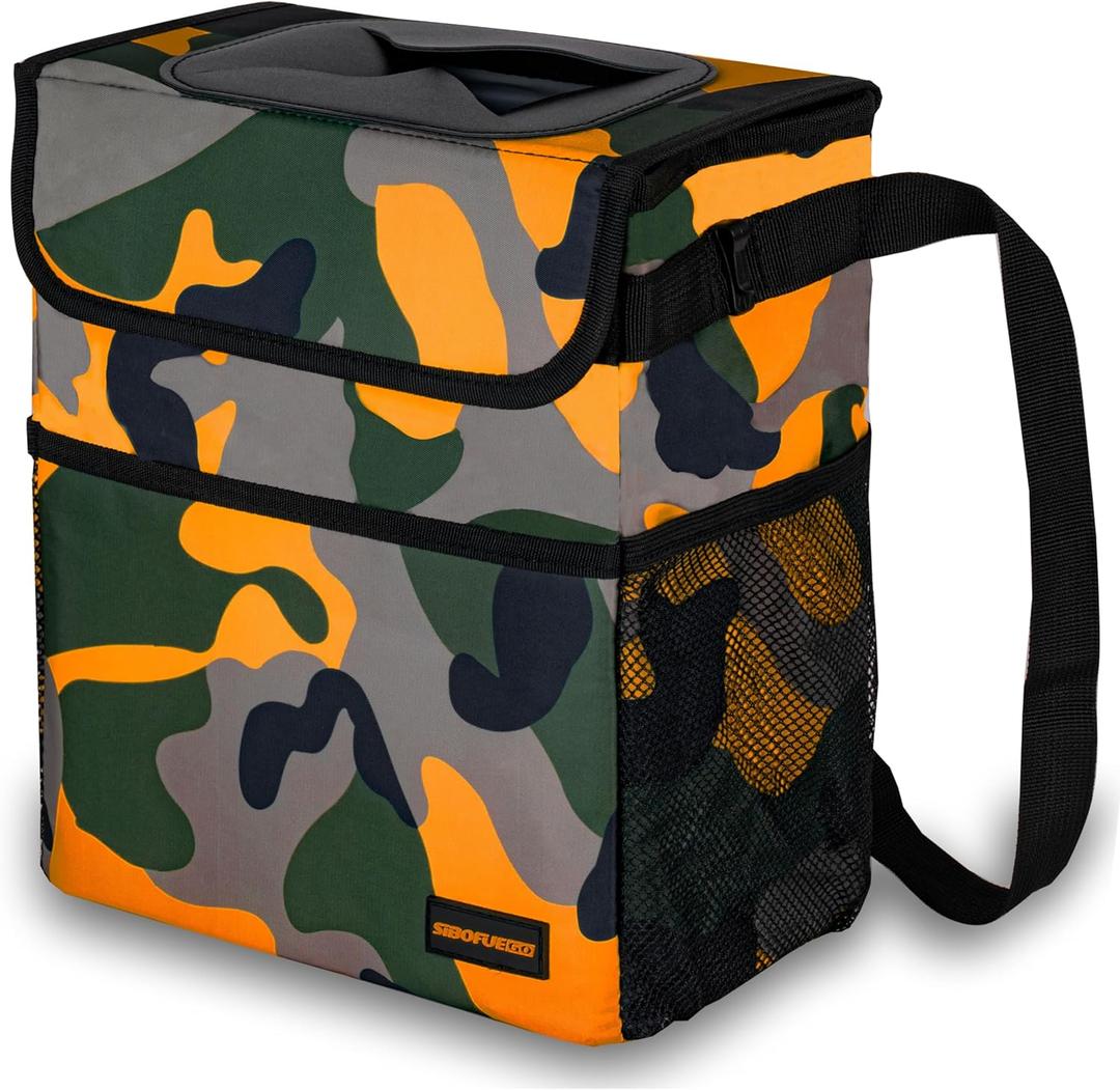 SIBOFUEGO Cute Car Trash Can with Lid Multipurpose Collapsible Trash Bin for Car, Leak-Proof Organizer, Waterproof Garbage Can with Storage Pockets & Adjustable Straps, 2 Gallons (Camo Orange)