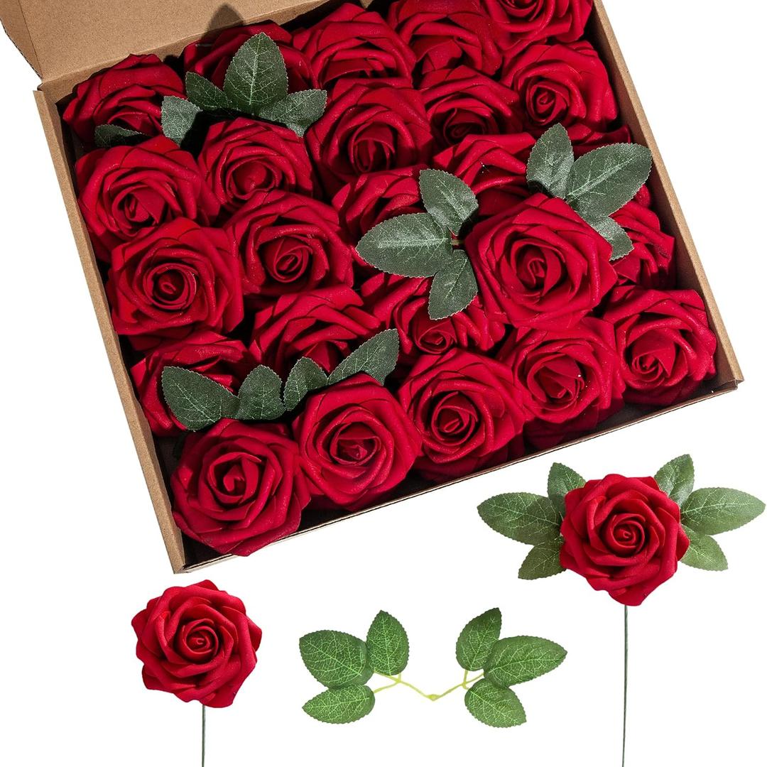 Artificial Flower Foam Rose 25pcs Real Looking Fake Rose with Stems Leaves for Home Decoration Party Garden Centerpieces DIY Wedding BouquetsDark Red