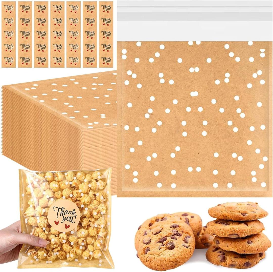 Fuyoooo 50 Pcs Self Adhesive Cookie Bags Cellophane Polka Dot Treat Bags Small Plastic with Thank You Stickers for Party Gift Giving Bakery Biscuit Candy Pastry (7.1 x 7.5 Inch)