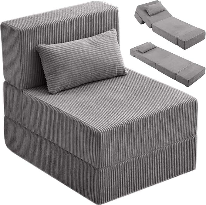 Folding Sofa Bed, Convertible Fold Out Couch, Portable Foldable Floor Mattress Sleeper Chair with Pillow, Adjustable Backrest Support, Lazy Sofa for Living Room, Single, Dark Grey, 25.3 inches x 78 inches