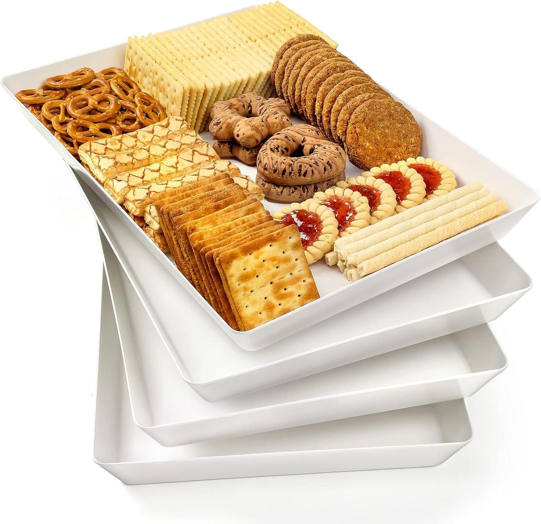 4-Pack Plastic 16" x 11" Large White Serving Trays Set - Reusable Serving Platters for Cookie, Appetizer, Charcuterie, Snack, Dessert, Party Food Display - Stackable Kitchen CounterTop Tray, BPA Free