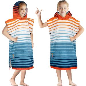 SUN CUBE Kids Changing Robe Surf Poncho, Kids Beach Towels for Teens, Microfiber Hooded Wearable Swim Towel Boys Girls Teenagers (Kids (3-7), Orange Stripe)