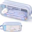 ANGOOBABY Large Grid Mesh Pencil Case 2 Compartment Pen Bag Clear Handheld Multifunction Pencil Pouch Transparent Makeup Bag for Teen Student College Business Travel Office Adult - Blue