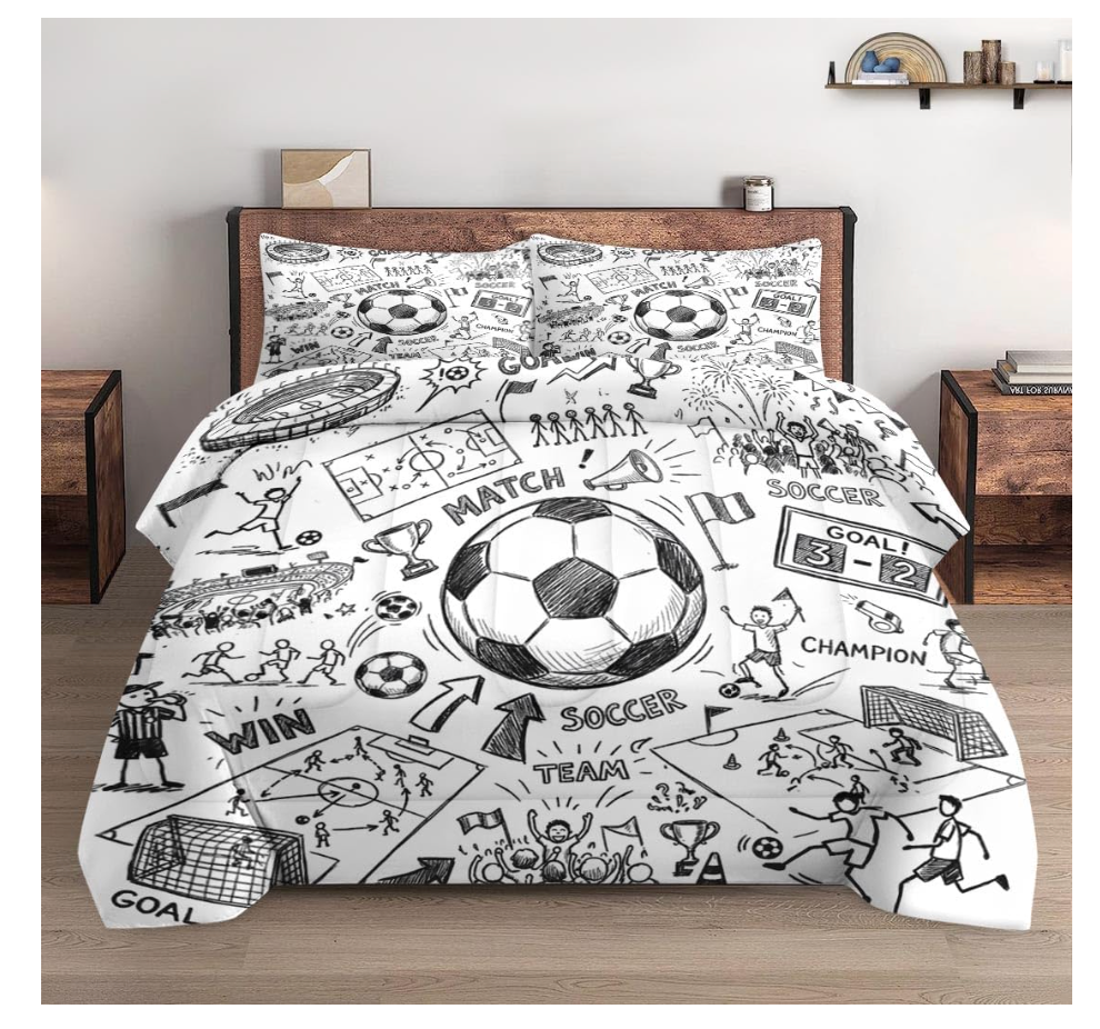 WeCozy Full Size Comforter Set with 2 Pillowcases, Game Painting Ball Cup Soccer Soft 3 Pcs Bedding for Kids and Adults Bedroom Bed Decor