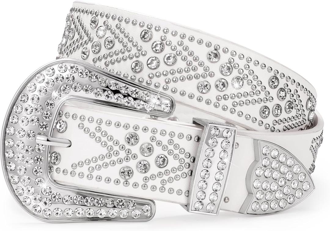 JASGOOD Rhinestones Belt for Women Men Plus Size Western Cowboy Cowgirl Studded Diamond Leather Waist Belt for Jeans Pants (Fit size 31"-35", A-silver White)