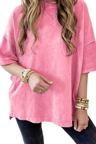 XL KevaMolly Womens Oversized Tshirts Tops Short Sleeve Mineral Wash Exposed Seam Drop Shoulder Tee Casual Solid Tshirt