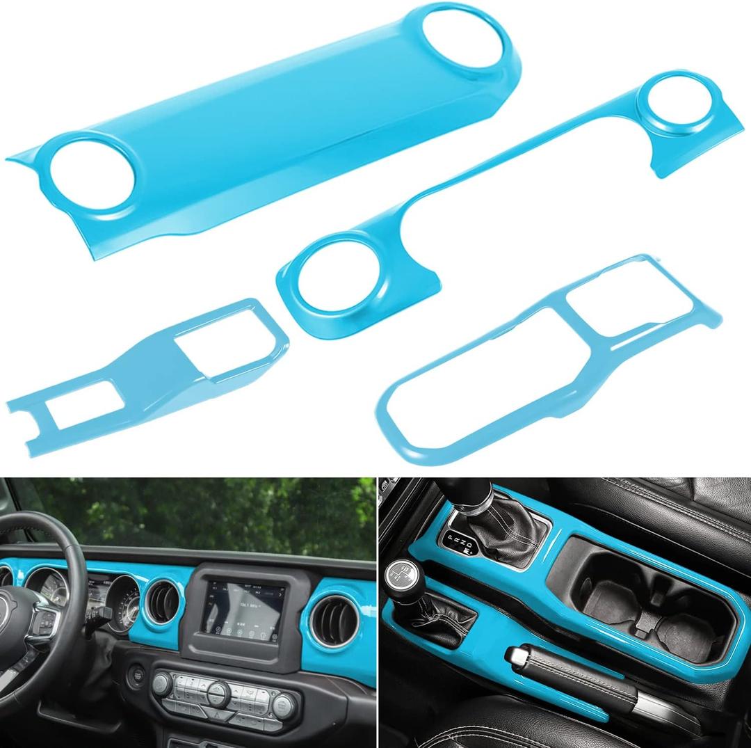 ABS Center Console Gear Shift 4WD Panel & Dashboard & Cup Holder Trim 4PCS Cover Trim Interior Accessories for 2018-2024 Jeep Wrangler JL JLU & Gladiator JT (Light Blue)