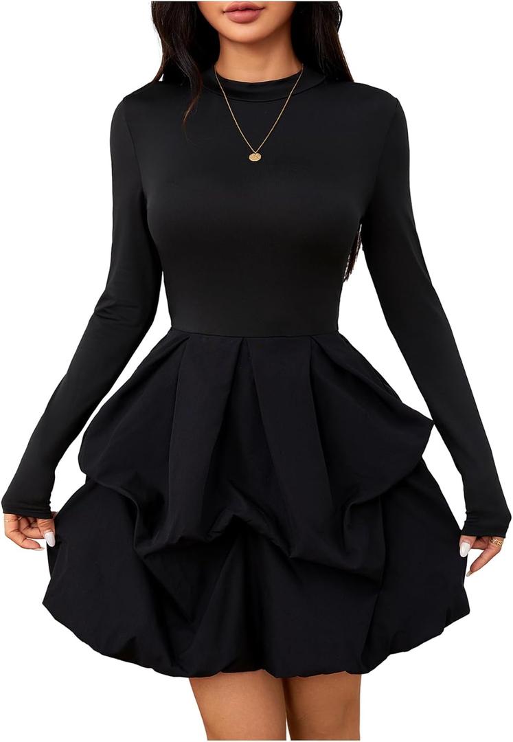 MakeMeChic Women's Long Sleeve Mini Dress Ruffle Hem Mock Neck A Line Fall Wedding Guest Short Dresses Black Large