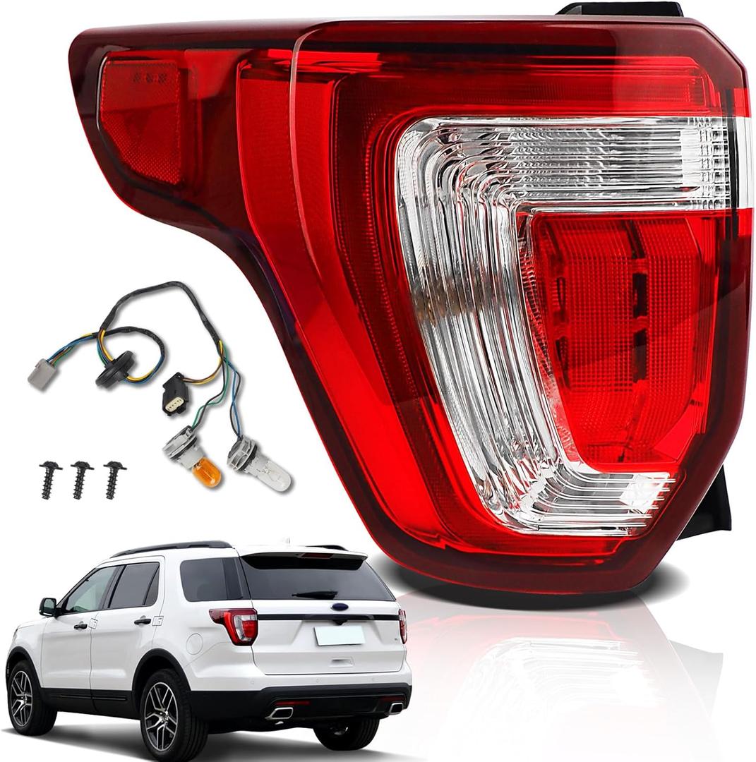 Tail Lights Compatible with 2016 2017 2018 2019 Ford Explorer Rear Brake Lamp Assembly With Wire Harness and Bulbs Replace FB5Z13405A (2016-2019 Ford Explorer, Left Driver Side)