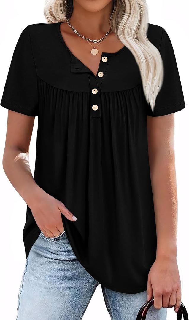 WIHOLL Womens Summer Tunic Tops Button Down Shirts Short Sleeve T-shirts Beach Vacation Clothes Spring (Large)