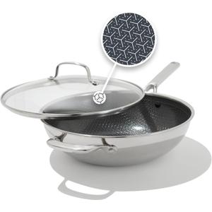 OXO Hybrid 12 Nonstick Wok with Glass Lid, PFAS-Free Ceramic Stir-Fry Pan, Induction & All Cooktop Compatible, Dishwasher Safe, Fusion Boost Tech for Powerful Searing, Mirror Polished Tri-Ply