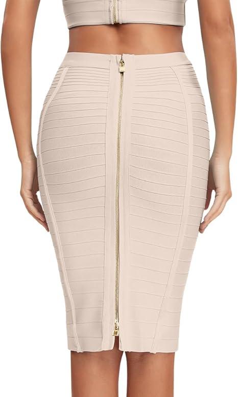 HQBORY Bandage Skirt Knee Length Bandage Skirt Stripe Pencil Skirt (2XL,Nude)