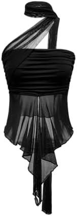 Milumia Women's Mesh Scarf Halter Tops Asymmetrical Hem Y2k Going Out Babydoll Tube Tops Sheer Club Tops, Black, S