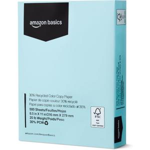 Amazon Basics 30% Recycled Color Copy Paper, 8.5" x 11", 20lb, Pastel Blue, 500 Sheets
