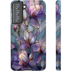 for Samsung Galaxy S22, Purple Lotus Floral Dual-Layer Hard Shell+Silicone Cover-Shockproof Protective Phone Case for Women Girls