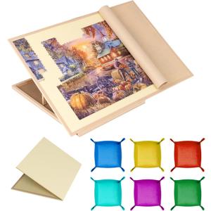 Tektalk Foldable Jigsaw Puzzle Board with 4 Angle Adjustable Bracket/Stand, Lightweight Portable Puzzle Mat Plateau with Wooden Easel, Foldaway Felt Puzzle Table, for Up to 1500 Pieces (Beige)