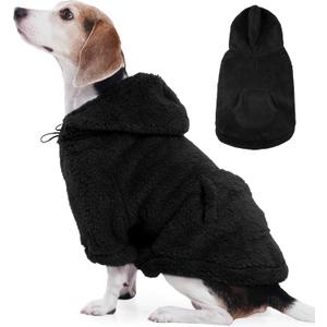 IDOMIK Fuzzy Dog Sweater with Adjustable Hood, Warm Fleece Dog Sweater Hoodie with Harness Hole & Pocket, Pullover Sweaters for Medium Dogs, Fuzzy Hooded Sweatshirt for Fall Winter Christmas,Black,L