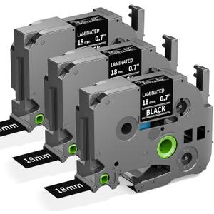 Label KINGDOM TZe-345 18mm White on Black Replacement for Brother TZe345 TZe Tz Tape 18mm 0.7 Laminated Black Label Tape 3/4" Compatible with Brother P Touch PT-D400 PT-D410 PT-D600, 3-Pack