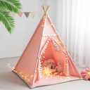 Teepee Tent for Kids with Mat, Star Lights, Carry Case, Cotton Canvas Playhouse, Foldable Tents, Portable Children Play Tent Indoor Outdoor (Pink)