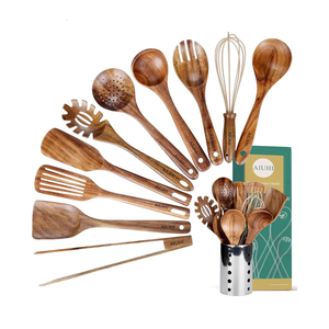 Kitchen Utenails Set with Holder,Kitchen Wooden Utensils for Cooking, Wood Utensil Natural Teak Wood Spoons for Cooking,Wooden Kitchen Utensil Set With Spatula and Ladle (11)