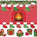 66 Pcs Christmas Fireplace Bulletin Board Background Large Holiday Brick Fireplace Backdrop Decoration Stocking Box Gift Cutout Xmas Seasonal Wall Home Classroom Decor(47 x 80 Inch,Red)