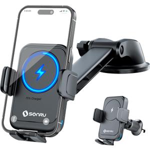 SONRU Car Phone Holder Wireless Charger, Qi 15W Wireless Car Charger Fast Charging Auto Clamping Car Charger Mount Suction Holder Dashboard Air Vent for iPhone 16/15/14/13/12/11, Samsung S25/24 (Black)