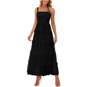 PRETTYGARDEN Women's Summer Dresses 2026 Sleeveless Smocked Tiered Ruffle Tulle A-Line Flowy Wedding Party Maxi Dress (Black, S)