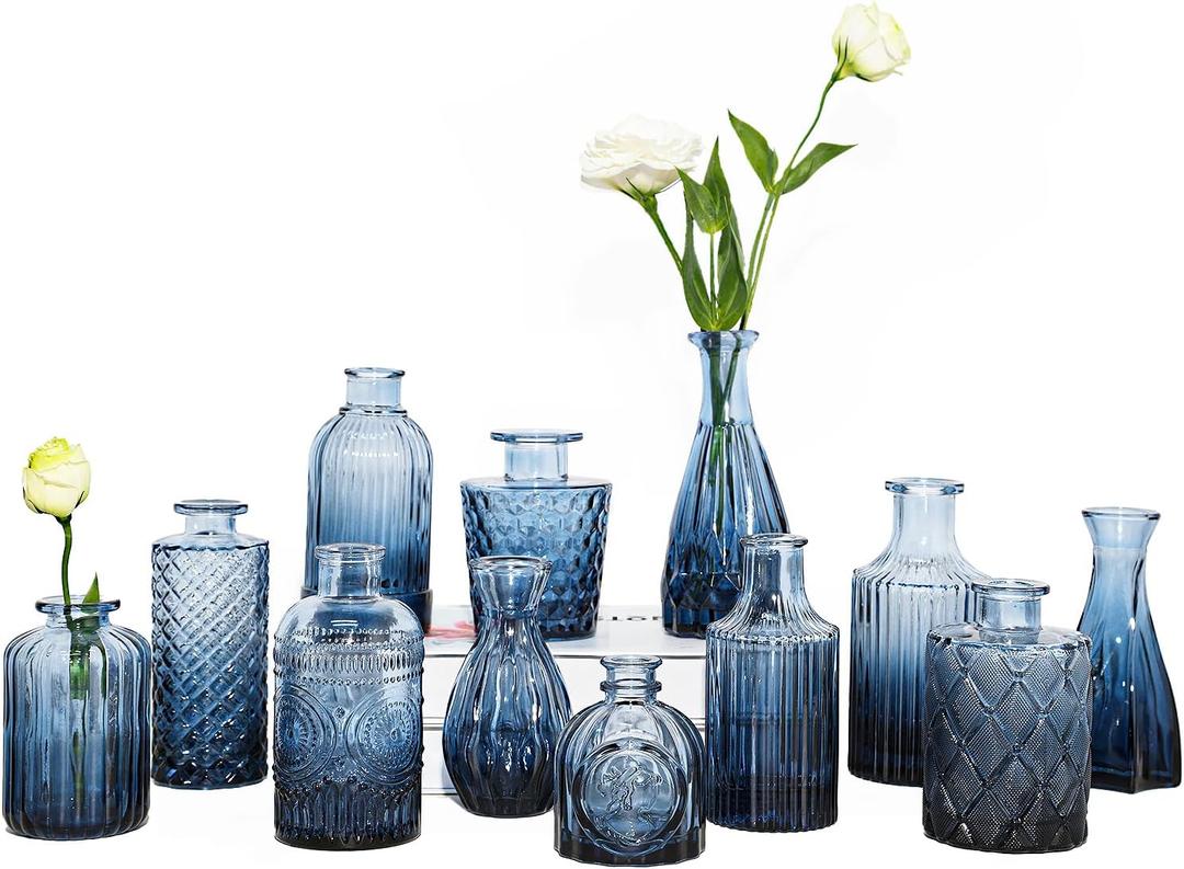 TBWIND 12Pcs Blue Glass Bud Vases Set, Small Vases for Flowers, Perfect for Centerpieces at Parties, Baby Showers, Weddings, Events, Graduation Season, Great Gifts for Office & Home Dcor