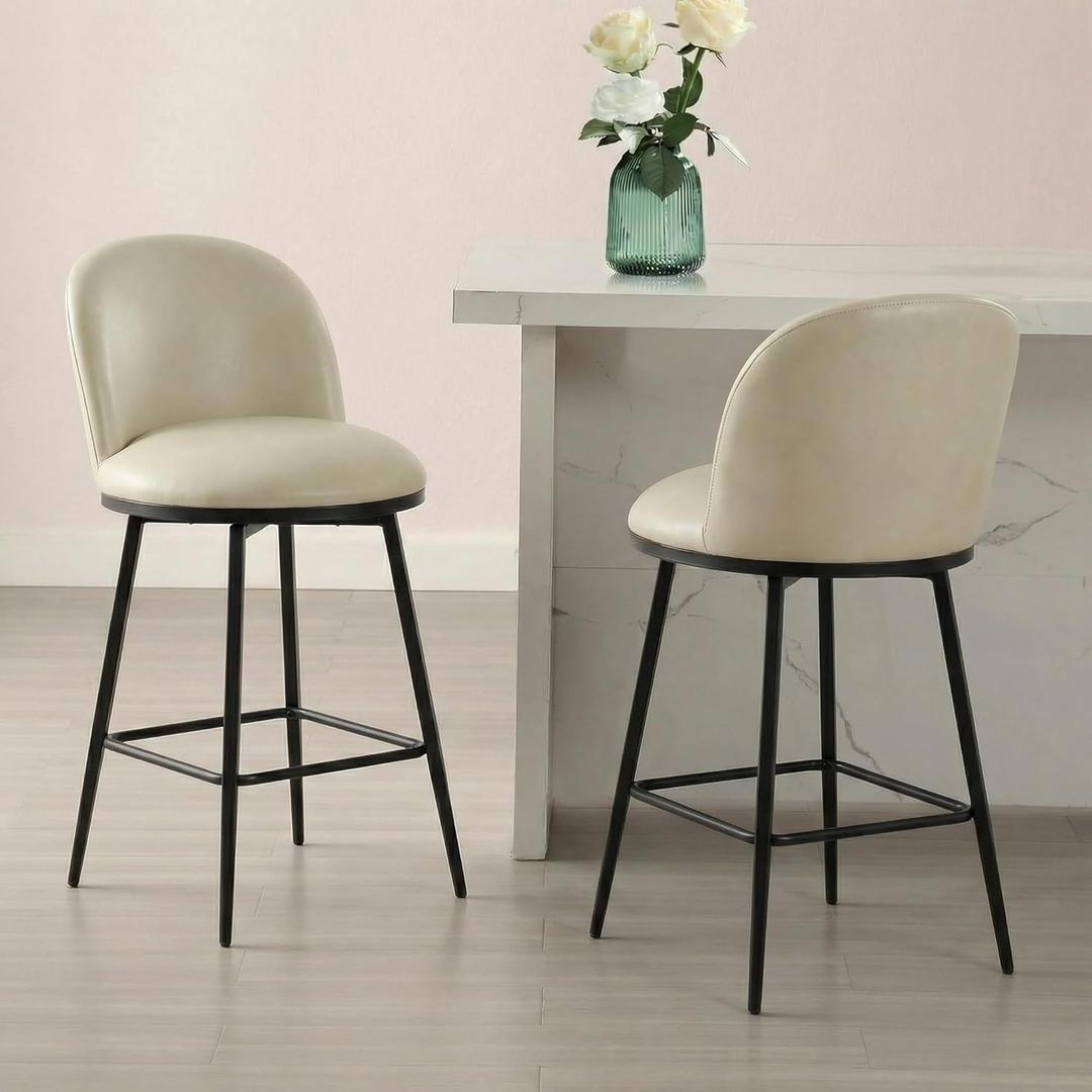 26" Counter Height Swivel Bar Stools Set of 2, Upholstered Faux Leather Barstools with Backs and Metal Legs for Kitchen Island,Cream