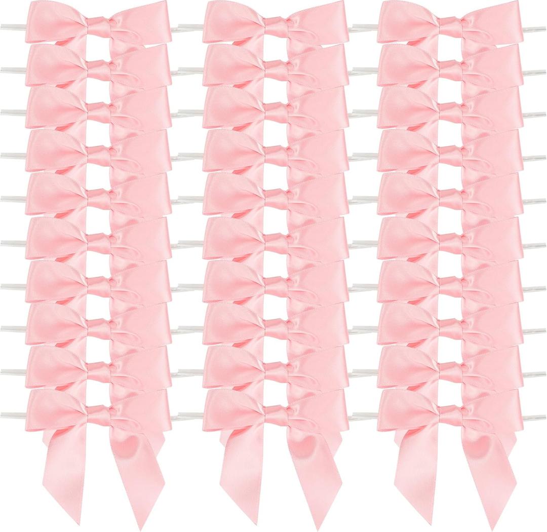 AIMUDI Baby Pink Satin Ribbon Twist Tie Bows 3.5" Light Pink Pretied Bows Premade Craft Bows for Treat Bags Cake Pop Gift Wrapping Basket Wedding Favors Cookie Candy Bagging Baby Shower - 50 Counts