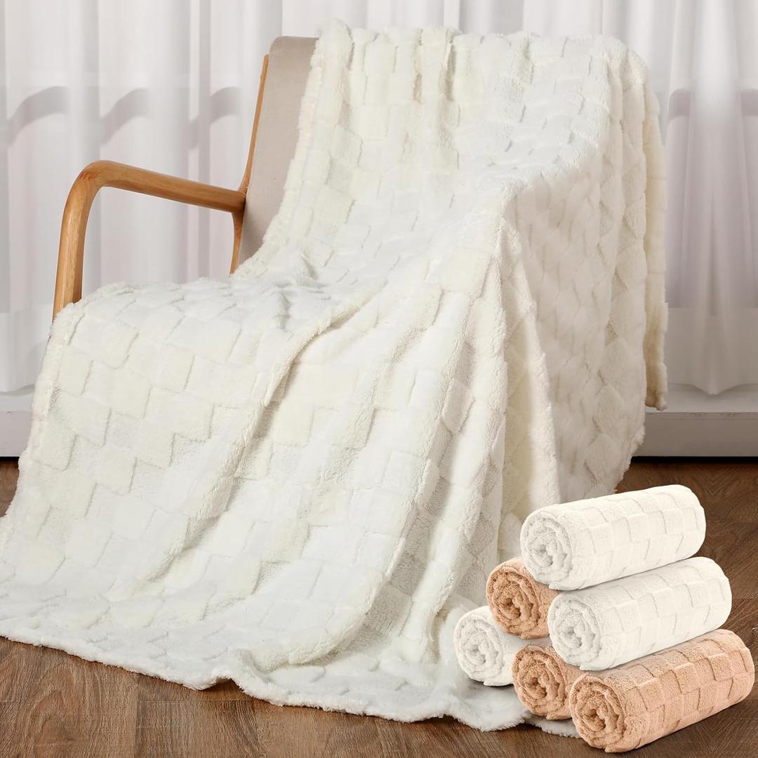 Buryeah 6 Pack Fleece Throw Blankets Bulk, 50 x 60 Inches Soft 3D Checkered Flannel Blankets for Couch Sofa Bed Warm Sleepover for Homeless Gifts (Beige,White)