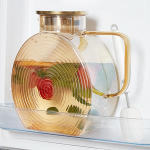 OneDream Glass Pitcher with Lids for Fridge Door, 2.5l/84oz Large Iced Tea Pitcher with Handle, Borosilicate Water Jug for Sun Tea, Fruit Juice, Drinks, Lemonade, Cold or Hot Beverages, Champagne (Gold)