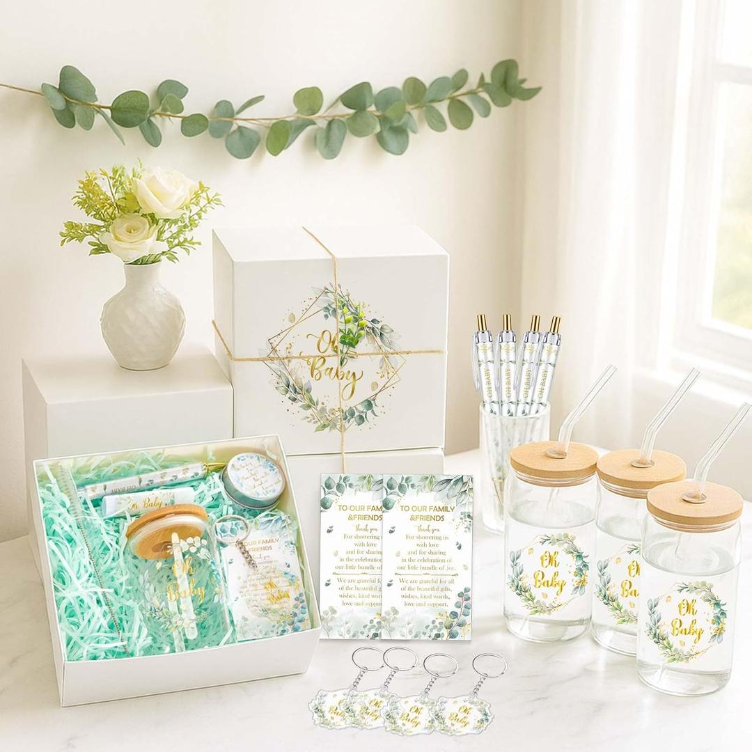 Hoolerry 6 Sets 72 Pcs Baby Shower Prizes for Game Favors Include Glass Cups Baby Shower Winners Present Box Lipstick Pen Candle Keychain School Guests Wedding Gift (Greenery)