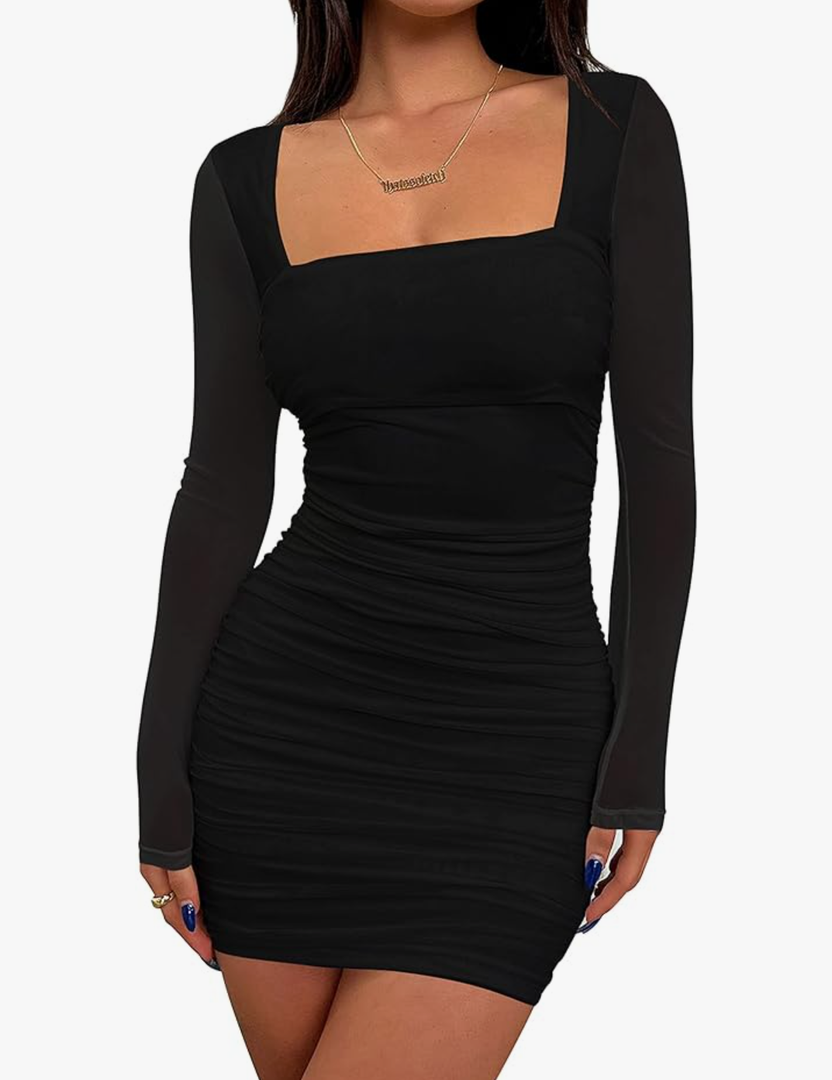 BORIFLORS Women's Sexy Ruched Bodycon Mini Dress Mesh Long Sleeve Club Party Short Dresses XS
