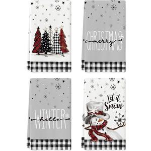 Artoid Mode Black White Buffalo Plaid Snowman Xmas Trees Christmas Kitchen Towels Dish Towels, 18x26 Inch Daily Winter Decoration Hand Towels, Set of 4