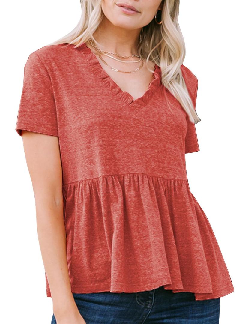 EXLURA Women's Summer Crop Babydoll Peplum Tops Cute V Neck Short Sleeve Business Casual Trendy T Shirts Beach Vacation 2026 Orange Red (Orange, L)