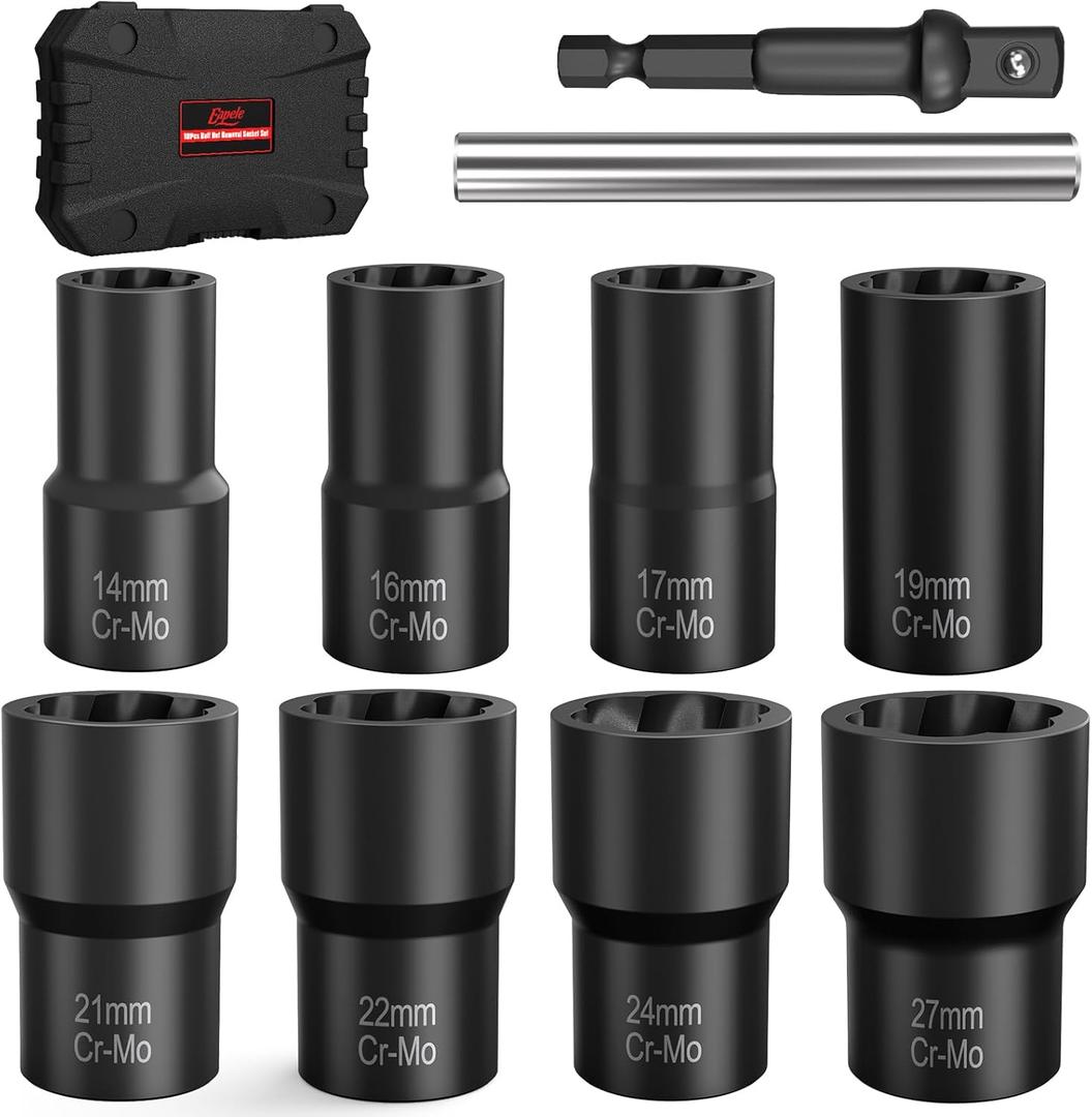 Eapele Bolt Extractor Set, 10 Piece Lug Nut Remover Socket Tool, 1/2" Drive Impact Wheel Lock Removal Kit for Removing Damaged, Frozen, Rusted, Rounded-Off Bolts, Lug Nuts & Screws (10pcs - Large size)