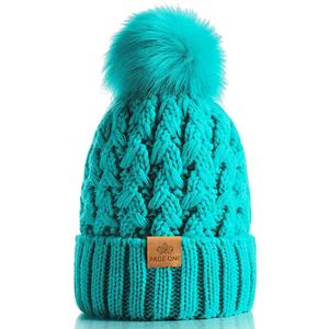 3 x PAGE ONE Womens Winter Ribbed Beanie Crossed Cap Chunky Cable Knit Pompom Soft Warm Hat (Green)
