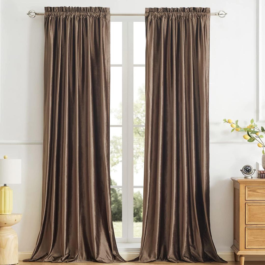 PRIMROSE Brown Velvet Room Darkening Curtains 108 inches Long for Living Room,Blackout Thermal Insulated Window Drapes for Bedroom Solid Modern Decorative Rod Pocket Curtain Set of 2 Panels