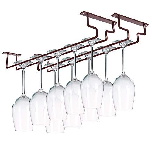 MOCOUM 2 Pack 15.6" Wine Glass Rack Under Cabinet Stemware Rack, Hanger Hold Up To 10 Wine Glasses for Cabinet Kitchen Bar (Brown, 2 pack)