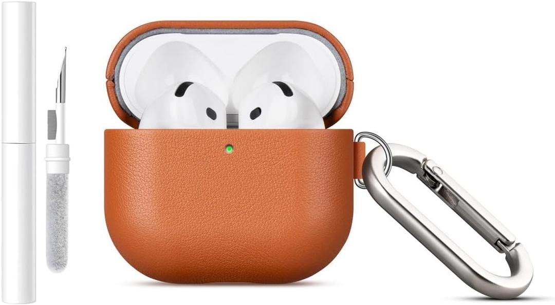 LOPIE Handmade Case for AirPods 4 / AirPods 4 with Active Noise Cancellation Leather Case Clip & Cleaner Kit, Fully-Wrapped with Top Grain Leather, Protective Hard Cover for Gen 4 Air Pods - Brown