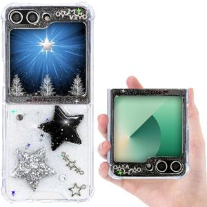 for Samsung Galaxy Z Flip 5/ Z Flip 6/ Z FLIP 7 FE Case Clear with Twinkle Stars Glitter Girly Women Cute Design Protective Black White Sparkles Bling Aesthetic Shockproof Kawaii Phone Cover
