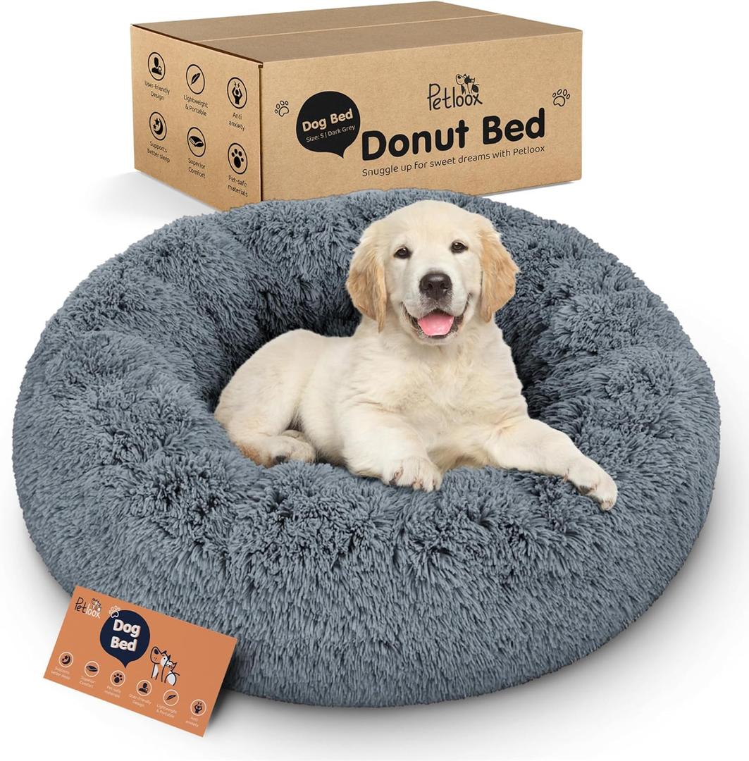 Donut Dog Bed - Premium Comfort for Anxiety Relief - Fluffy & Calming Design with Ultra-Plush Support | Cozy Round Dog Bed with Super Soft Circle Style (Dark Grey, Small)