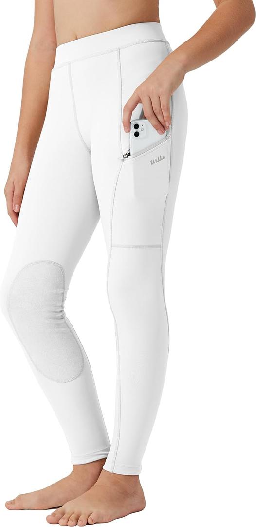 Willit Girls Horse Riding Pants Tights Kids Equestrian Breeches Knee-Patch Youth Schooling Tights Zipper Pockets (Medium, White)