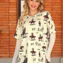 MYMORE Women's Oversized Western Cowgirl Graphic T Shirts 2 in 1 Short Mesh Sleeve Vintaged Rodeo Print Shirt with Thumb Hole (L)