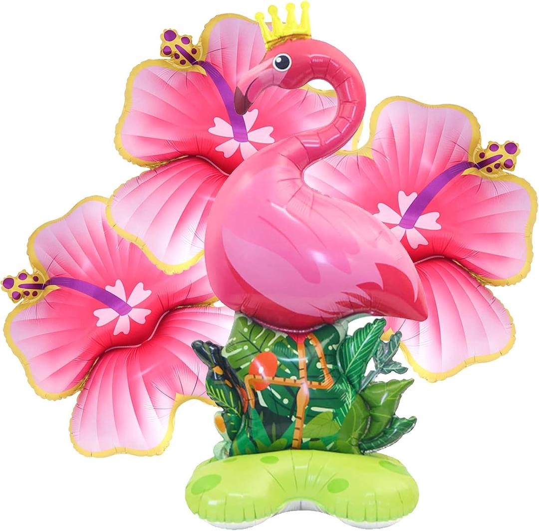 4Pcs Tropical Flamingo Balloons Set, 46 Inch Flamingo & 33 Inch Hibiscus Flower Balloons, Hawaiian Luau Party Decorations, Aloha Summer Pool Party Decor, Flamingo Balloons for Beach Birthday
