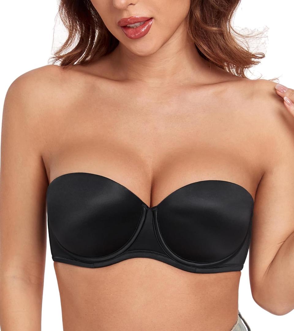 HACI Push up Strapless Bra Thick Padded Demi Underwire Add a Cup Convertible Straps Tshirts Multiway (Black)