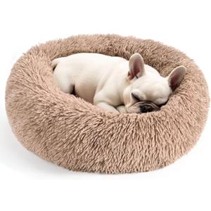 28in Large Dog Bed, Medium Size Dog and Cats, Calming Donut Bed for Puppy and Kitten, Washable Round Fluffy Pet Bed (Camel)
