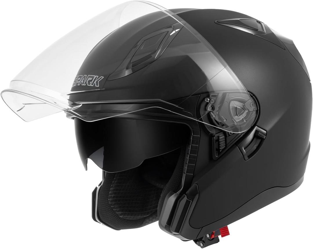 SPARK DOT Approved Open Face Helmet - 3/4 Motorcycle Helmet with Flip-Down Sun Visor & Clear Lens, Lightweight for Adults (Black, X-Large)