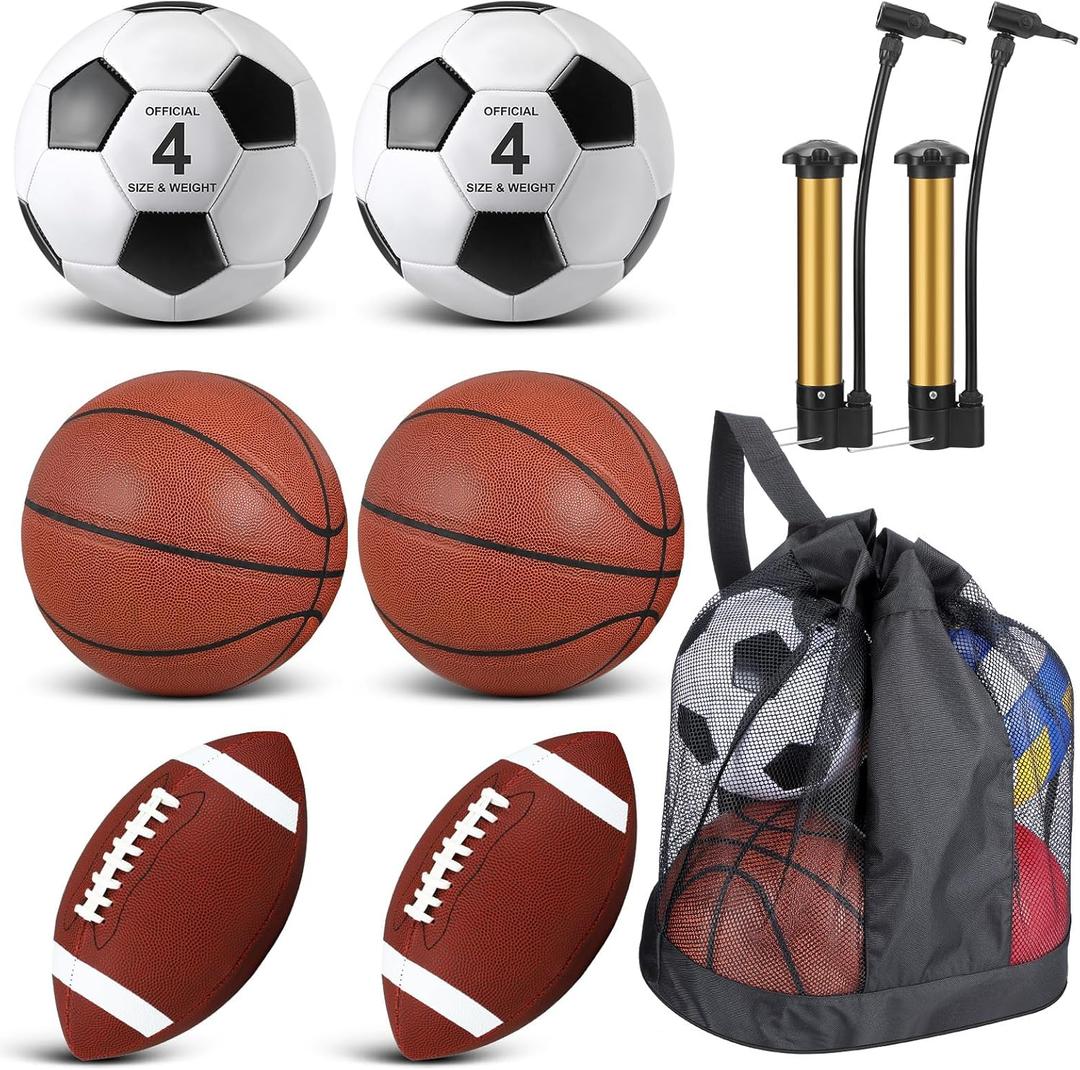 Lenwen 6 Pcs Sport Balls Set for Kids Teens, Include Official Size Basketball Football Soccer Ball with Sport Equipment Bags and Pumps Christmas Training Practice Gift (Retro Colors)